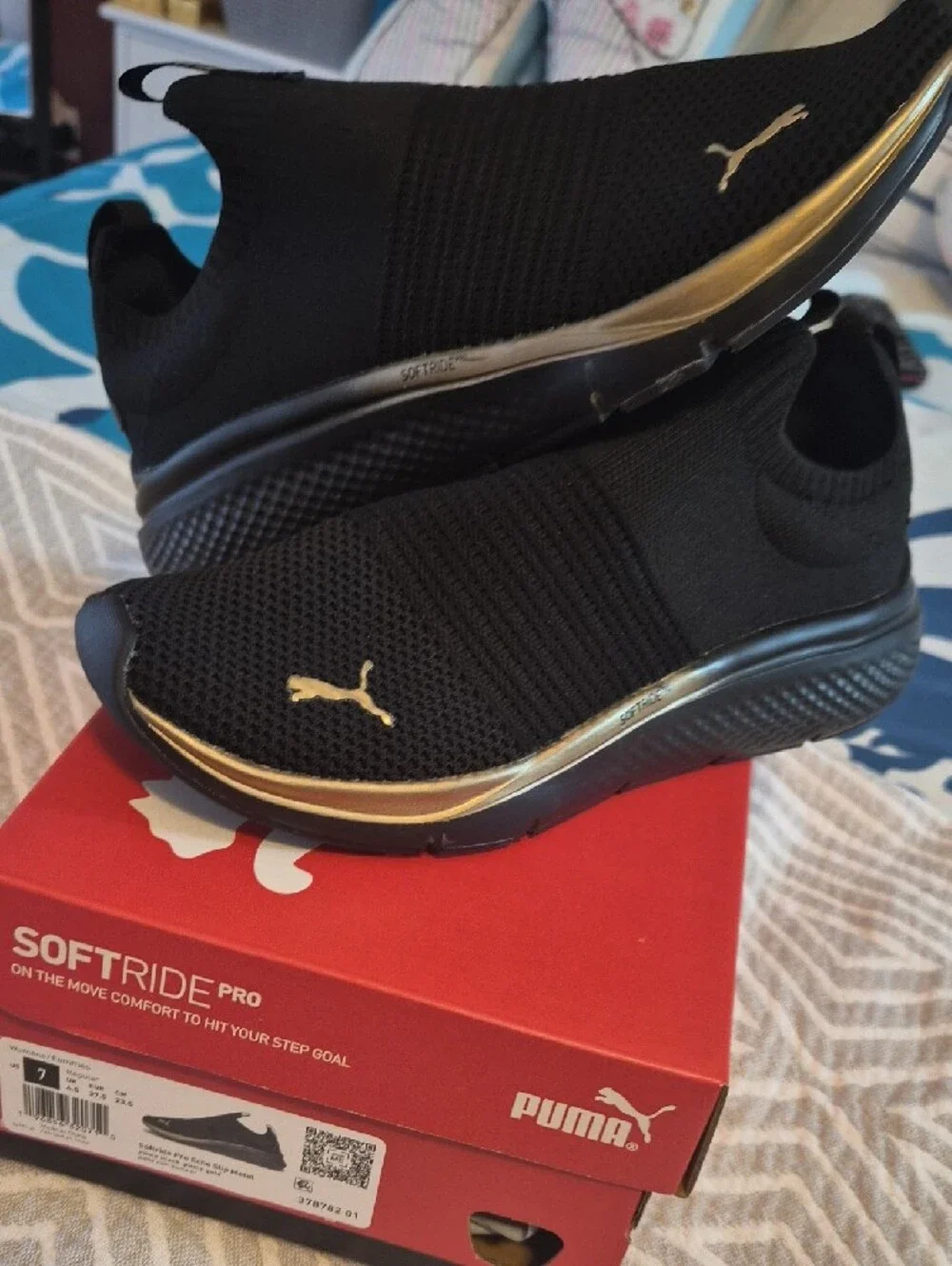 Puma Men’s Black Slip-On Knit Sneakers with Gold Trim